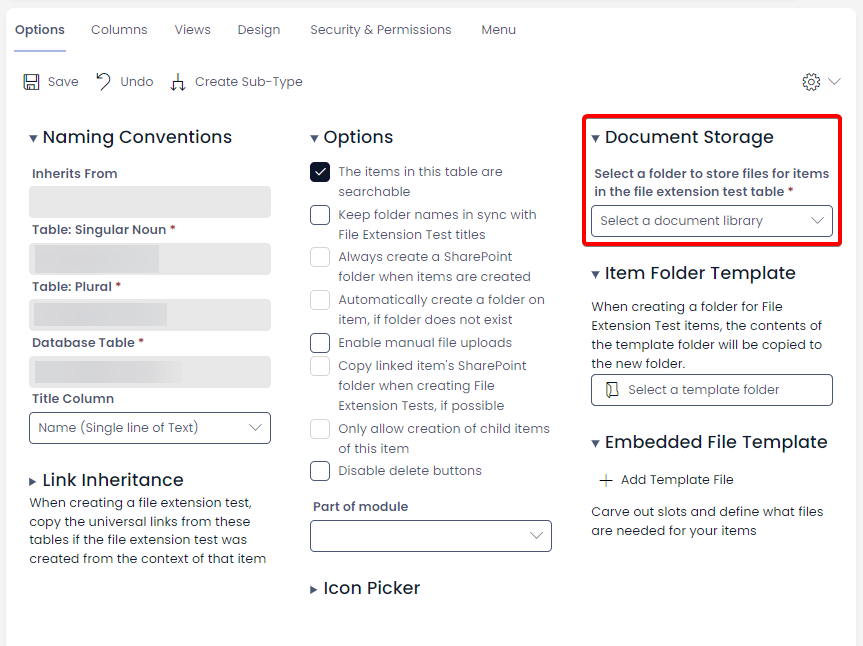A screenshot of the Options page for a Table. The screenshot is annotated with a red box to indicate the &quot;Document Storage&quot; location of the Options page, where the user will need to select a document library.